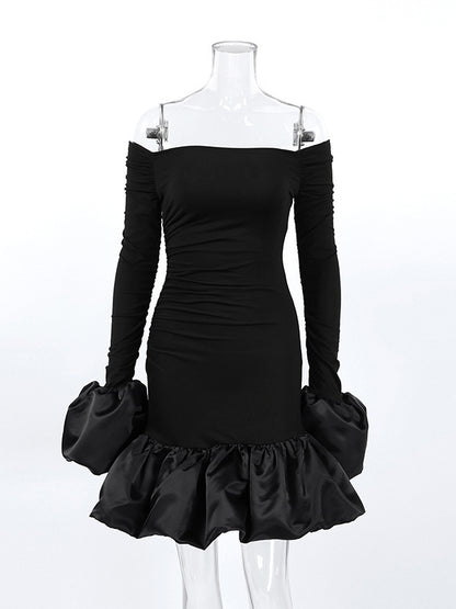 Off Shoulder Puff Hem Ruched Long Sleeve Bodycon Mini Dress For Women 2026