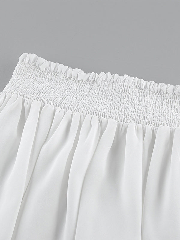 Ruffle Trim V-Neck Flare Sleeve Tops And Smocked Waist Mini Skirt Two Piece Set 2026