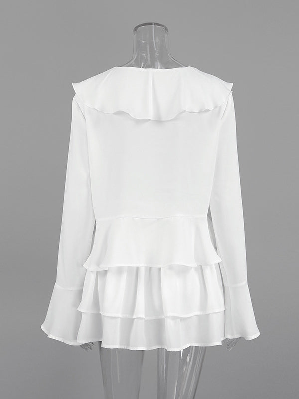 Ruffle Trim V-Neck Flare Sleeve Tops And Smocked Waist Mini Skirt Two Piece Set 2026