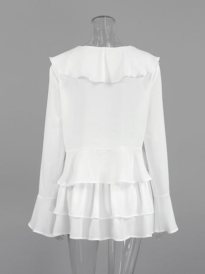 Ruffle Trim V-Neck Flare Sleeve Tops And Smocked Waist Mini Skirt Two Piece Set 2026