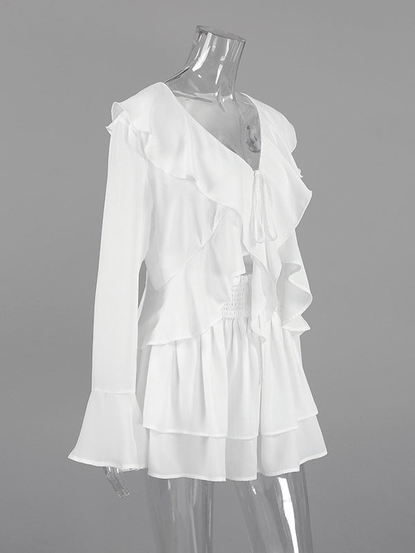 Ruffle Trim V-Neck Flare Sleeve Tops And Smocked Waist Mini Skirt Two Piece Set 2026