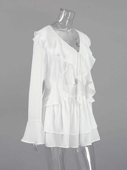 Ruffle Trim V-Neck Flare Sleeve Tops And Smocked Waist Mini Skirt Two Piece Set 2026