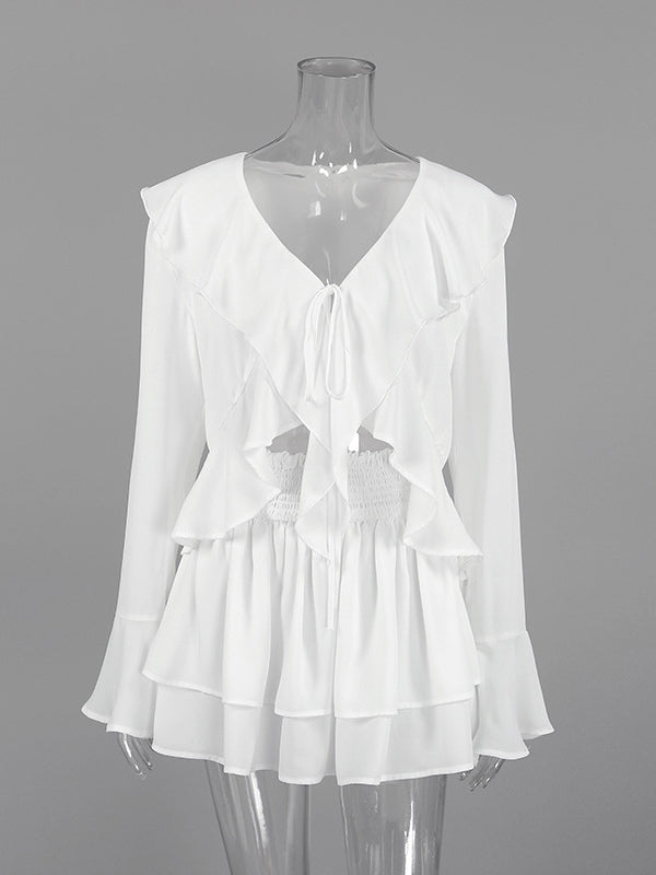 Ruffle Trim V-Neck Flare Sleeve Tops And Smocked Waist Mini Skirt Two Piece Set 2026
