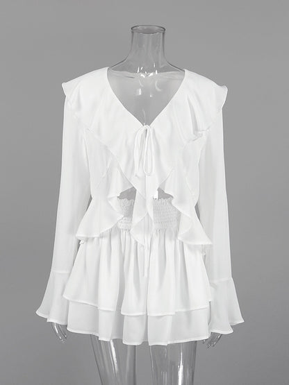 Ruffle Trim V-Neck Flare Sleeve Tops And Smocked Waist Mini Skirt Two Piece Set 2026