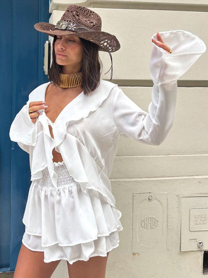 Ruffle Trim V-Neck Flare Sleeve Tops And Smocked Waist Mini Skirt Two Piece Set 2026