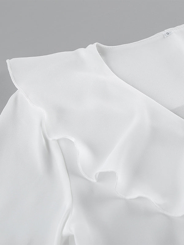 Ruffle Trim V-Neck Flare Sleeve Tops And Smocked Waist Mini Skirt Two Piece Set 2026