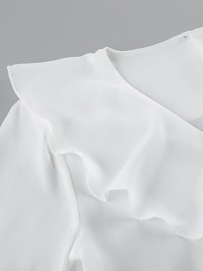 Ruffle Trim V-Neck Flare Sleeve Tops And Smocked Waist Mini Skirt Two Piece Set 2026