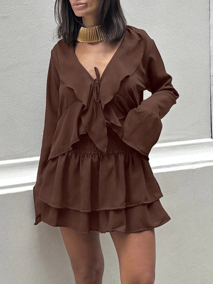 Ruffle Trim V-Neck Flare Sleeve Tops And Smocked Waist Mini Skirt Two Piece Set 2026