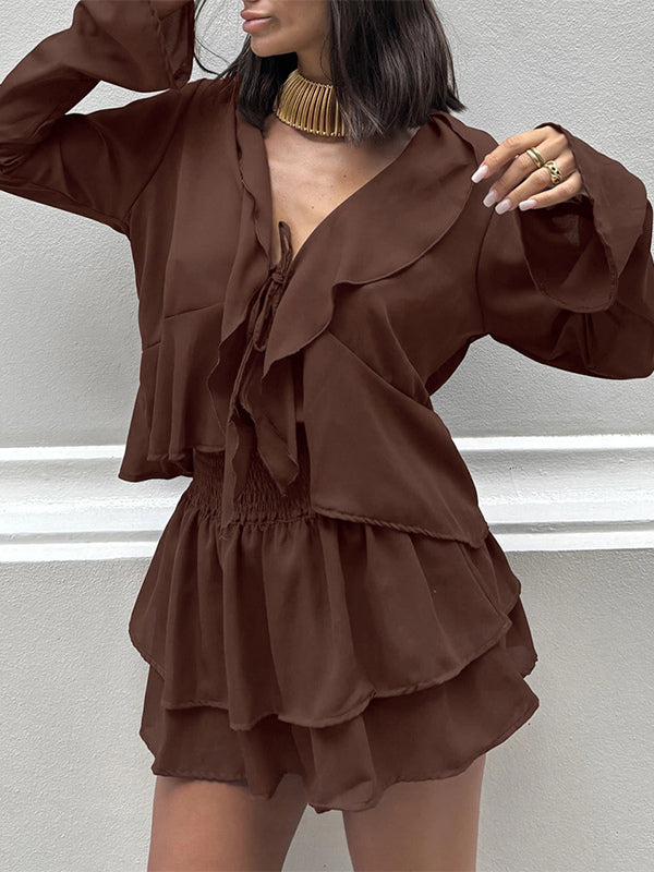 Ruffle Trim V-Neck Flare Sleeve Tops And Smocked Waist Mini Skirt Two Piece Set 2026