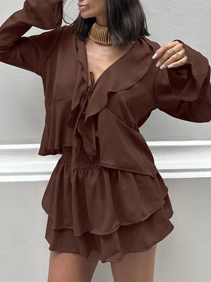 Ruffle Trim V-Neck Flare Sleeve Tops And Smocked Waist Mini Skirt Two Piece Set 2026