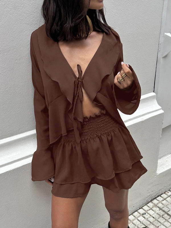 Ruffle Trim V-Neck Flare Sleeve Tops And Smocked Waist Mini Skirt Two Piece Set 2026