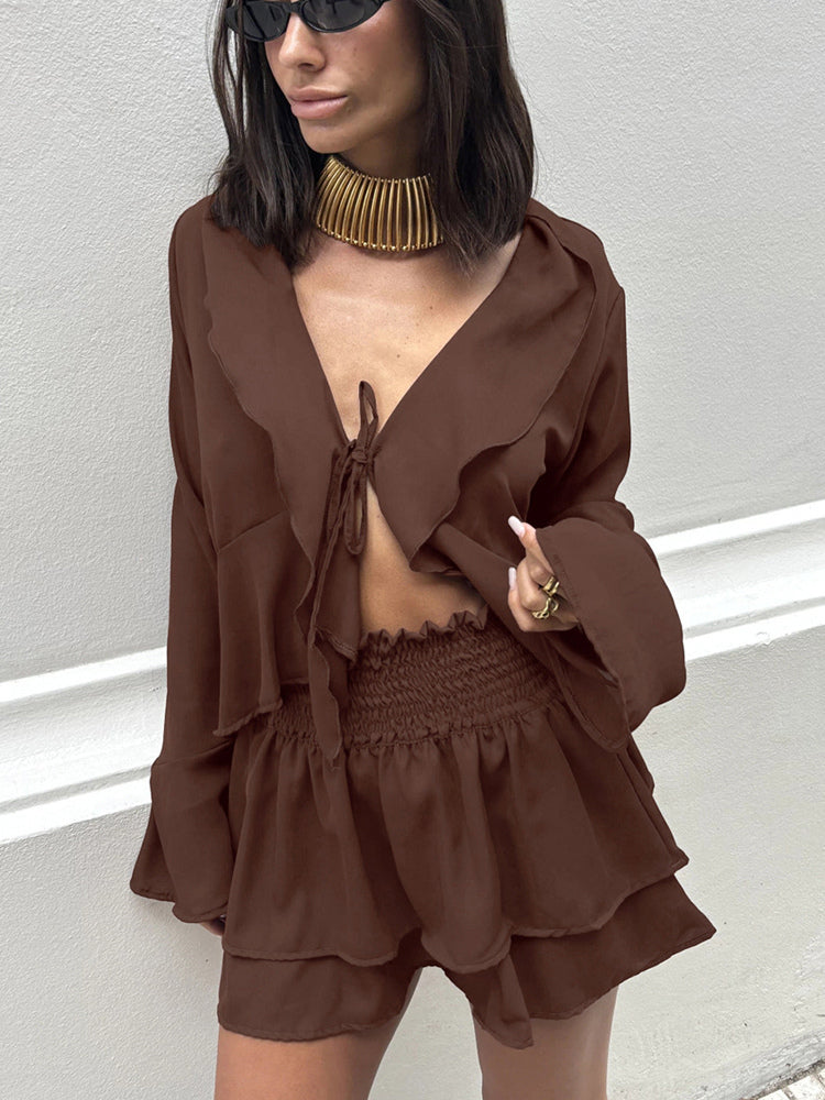 Ruffle Trim V-Neck Flare Sleeve Tops And Smocked Waist Mini Skirt Two Piece Set 2026