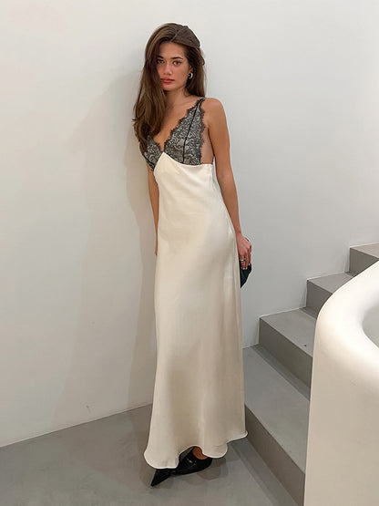 Elegant Lace V-Neck Slim Fit Slip Summer Long Dress For Women 2026