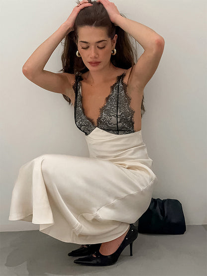 Elegant Lace V-Neck Slim Fit Slip Summer Long Dress For Women 2026