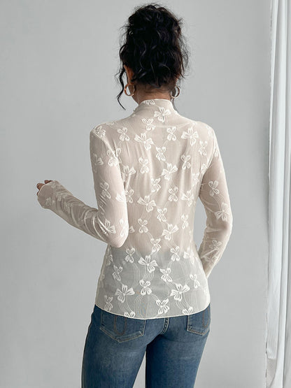 Transparent Mesh Long Sleeve Top With Allover Bow Jacquard For Women 2026