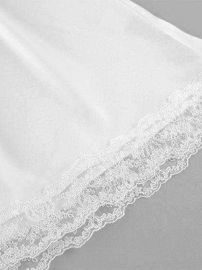 Satin Lace Trim V-Neck Tie Front Top And Mini Skirt 2-piece Set For Women 2026