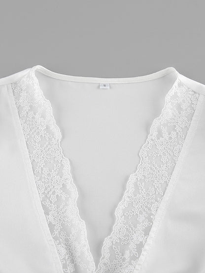 Satin Lace Trim V-Neck Tie Front Top And Mini Skirt 2-piece Set For Women 2026