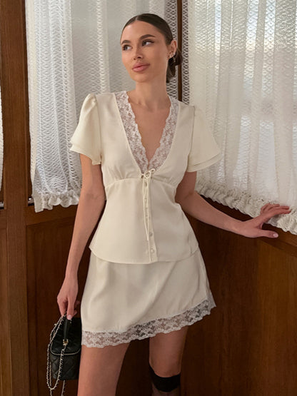Satin Lace Trim V-Neck Tie Front Top And Mini Skirt 2-piece Set For Women 2026