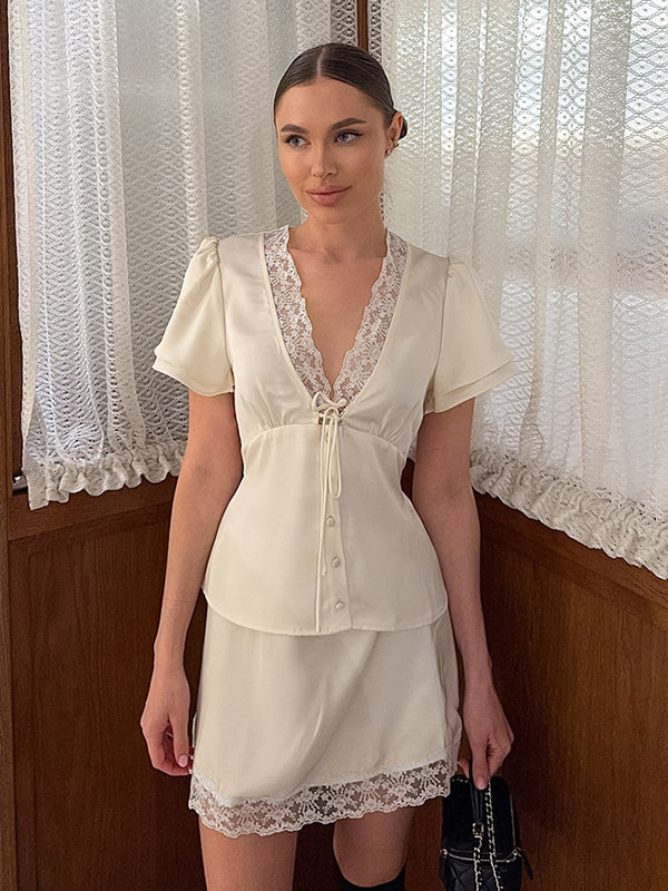 Satin Lace Trim V-Neck Tie Front Top And Mini Skirt 2-piece Set For Women 2026