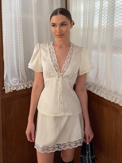 Satin Lace Trim V-Neck Tie Front Top And Mini Skirt 2-piece Set For Women 2026