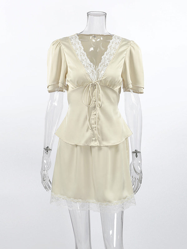 Satin Lace Trim V-Neck Tie Front Top And Mini Skirt 2-piece Set For Women 2026
