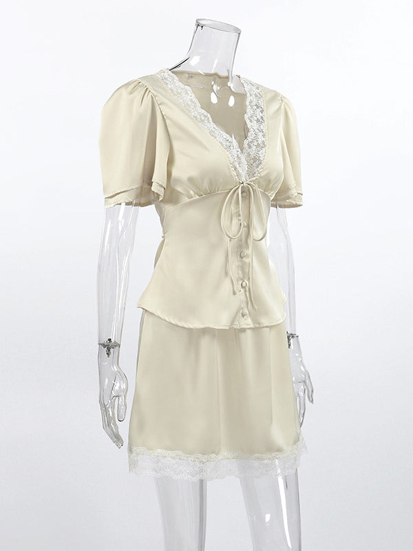 Satin Lace Trim V-Neck Tie Front Top And Mini Skirt 2-piece Set For Women 2026