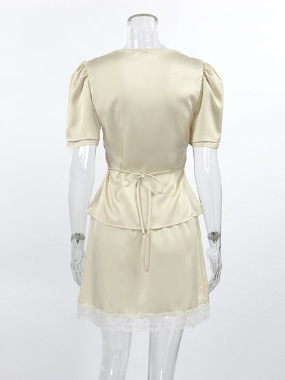 Satin Lace Trim V-Neck Tie Front Top And Mini Skirt 2-piece Set For Women 2026
