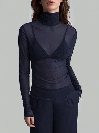High Neck Long Sleeve Mesh Base Layer Top With Lettuce Edge For Women 2026