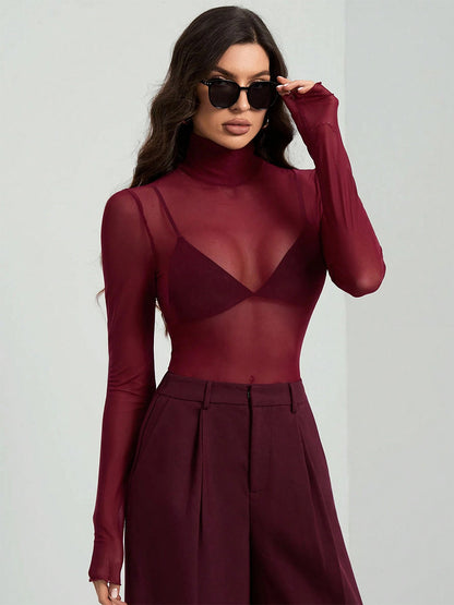 High Neck Long Sleeve Mesh Base Layer Top With Lettuce Edge For Women 2026