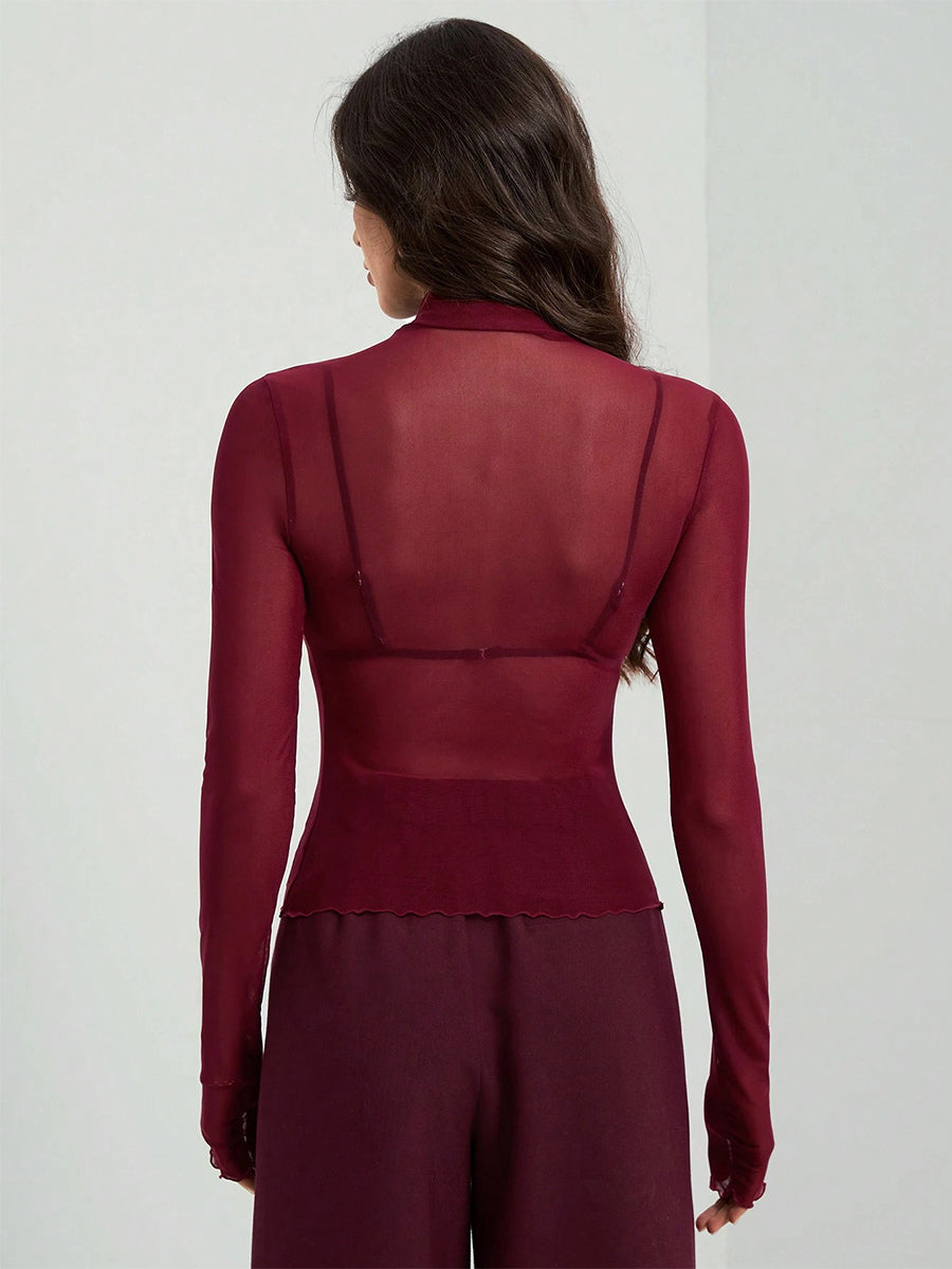 High Neck Long Sleeve Mesh Base Layer Top With Lettuce Edge For Women 2026
