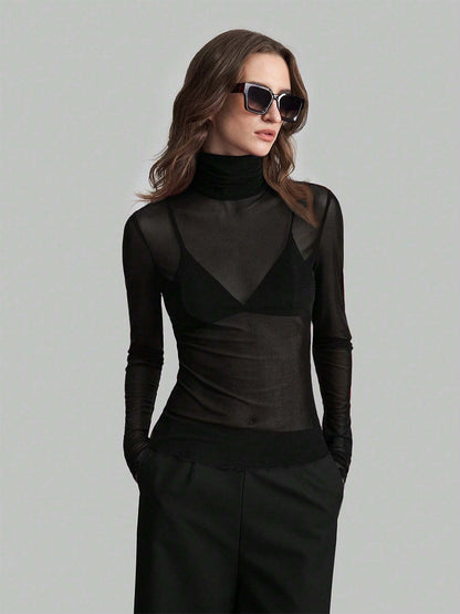 High Neck Long Sleeve Mesh Base Layer Top With Lettuce Edge For Women 2026