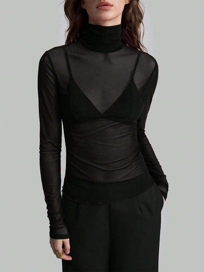 High Neck Long Sleeve Mesh Base Layer Top With Lettuce Edge For Women 2026