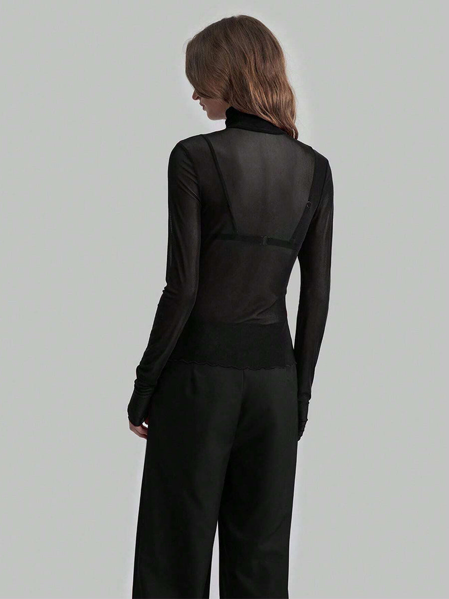 High Neck Long Sleeve Mesh Base Layer Top With Lettuce Edge For Women 2026