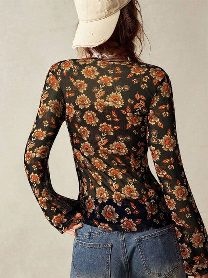 Floral Print Ruched Button Up Long Sleeve Slim Fit Shirt For Women 2026