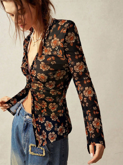 Floral Print Ruched Button Up Long Sleeve Slim Fit Shirt For Women 2026