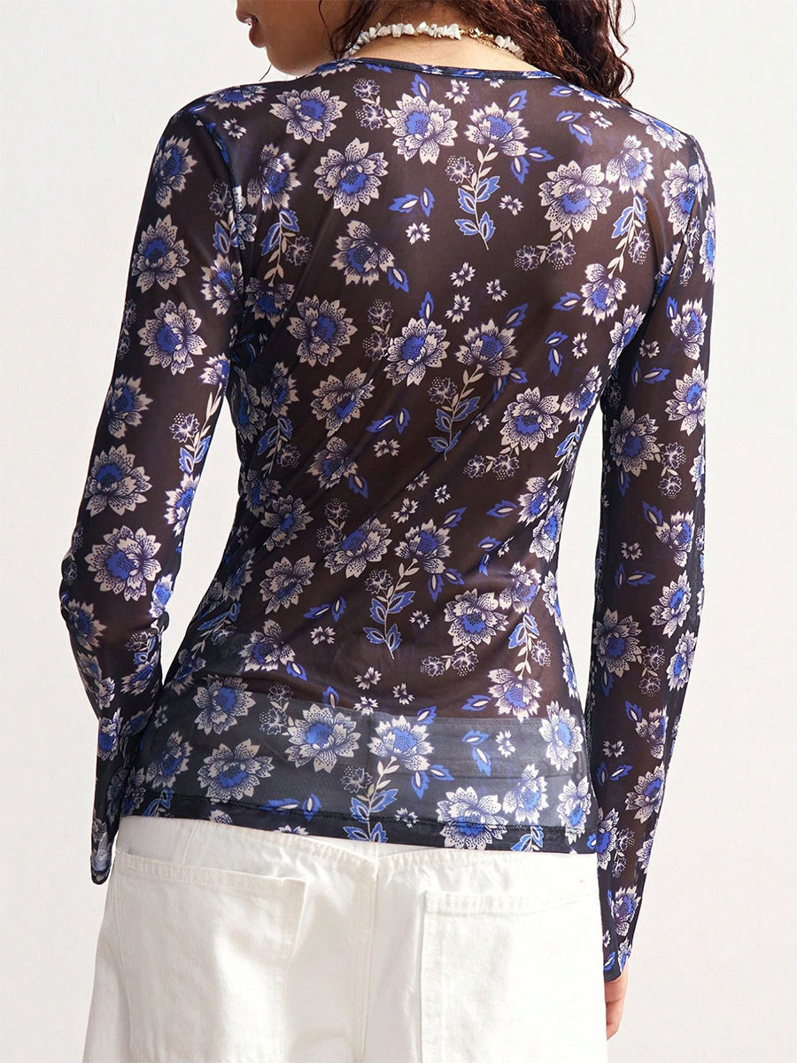 Floral Print Ruched Button Up Long Sleeve Slim Fit Shirt For Women 2026