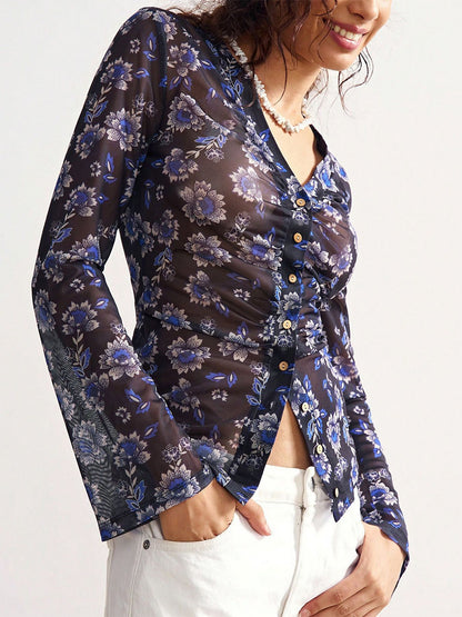 Floral Print Ruched Button Up Long Sleeve Slim Fit Shirt For Women 2026
