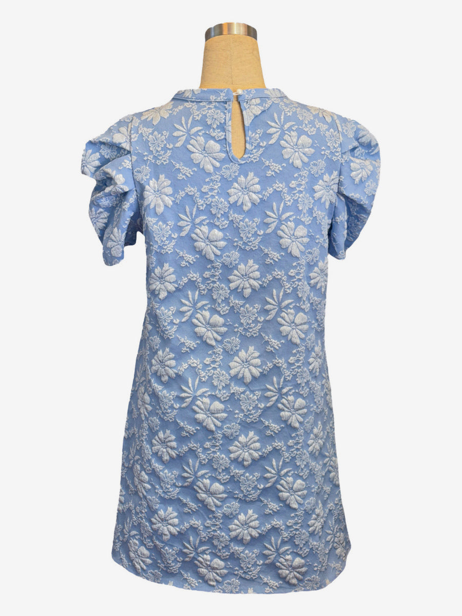 Puff Sleeve Mini Shift Dress for Women - Floral Jacquard Crew Neck Sun Dress - Summer Beach Party 2026
