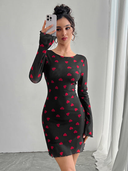 Backless Heart Print Long Sleeve Mini Dress For Women 2026