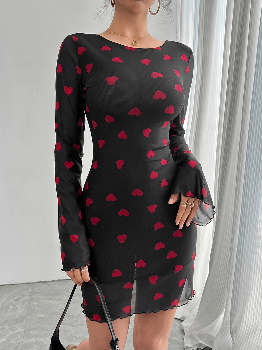 Backless Heart Print Long Sleeve Mini Dress For Women 2026
