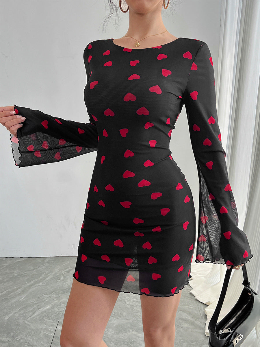 Backless Heart Print Long Sleeve Mini Dress For Women 2026