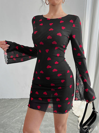 Backless Heart Print Long Sleeve Mini Dress For Women 2026