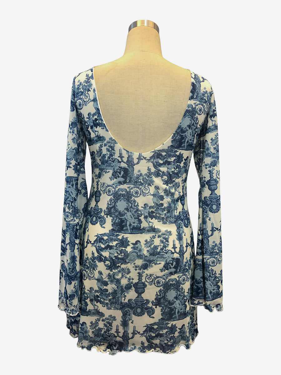 Vintage Print Backless Long Sleeve Mesh Mini Dress For Women 2026