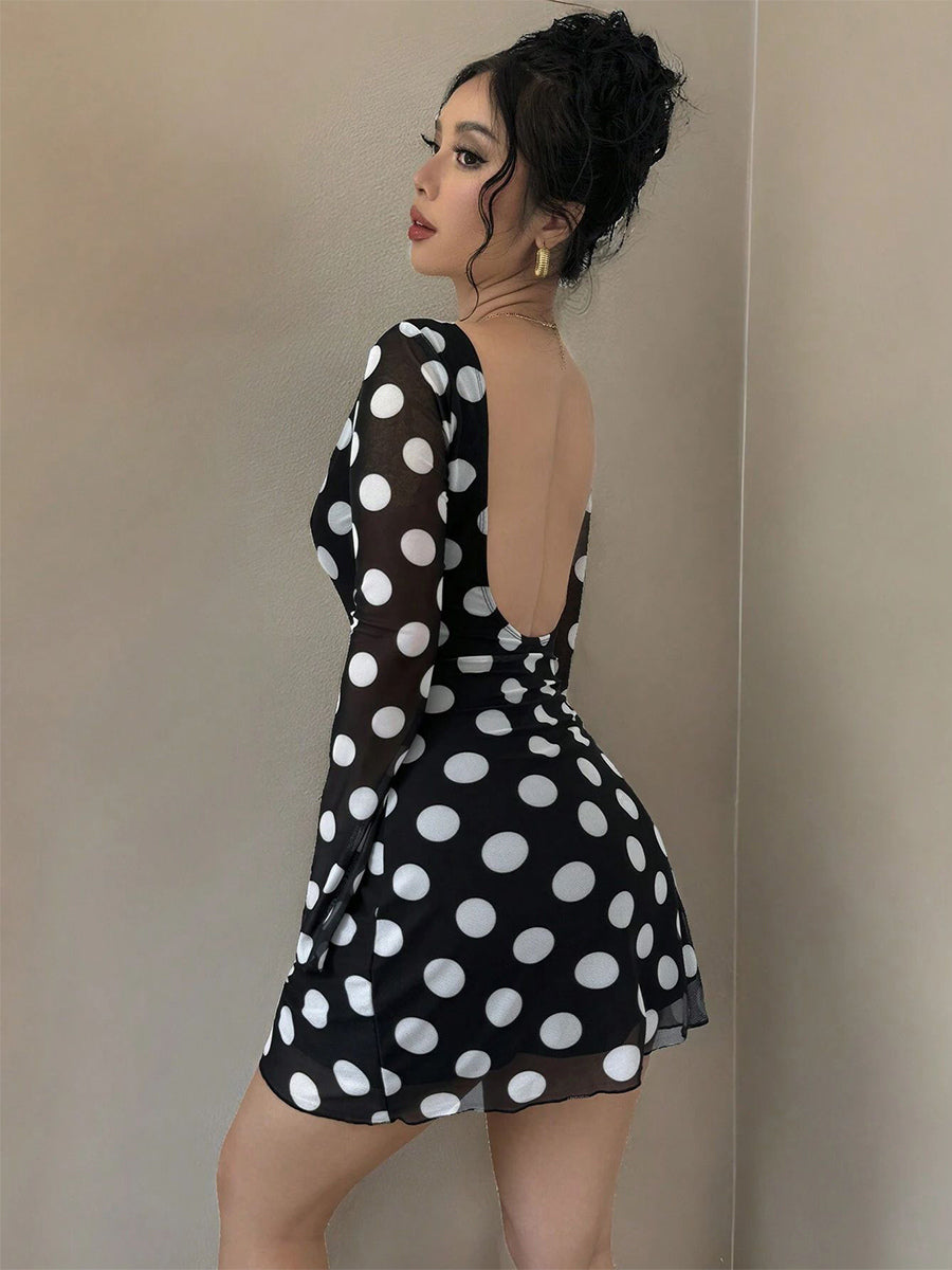 Polka Dot Long Sleeve Backless Slim Fit Mini Dress For Women 2026