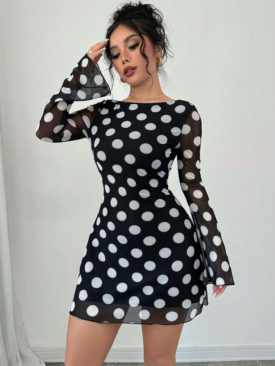 Polka Dot Long Sleeve Backless Slim Fit Mini Dress For Women 2026