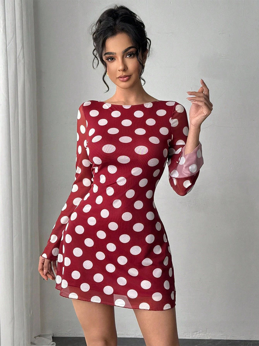 Polka Dot Long Sleeve Backless Slim Fit Mini Dress For Women 2026