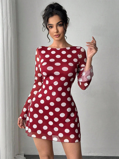 Polka Dot Long Sleeve Backless Slim Fit Mini Dress For Women 2026