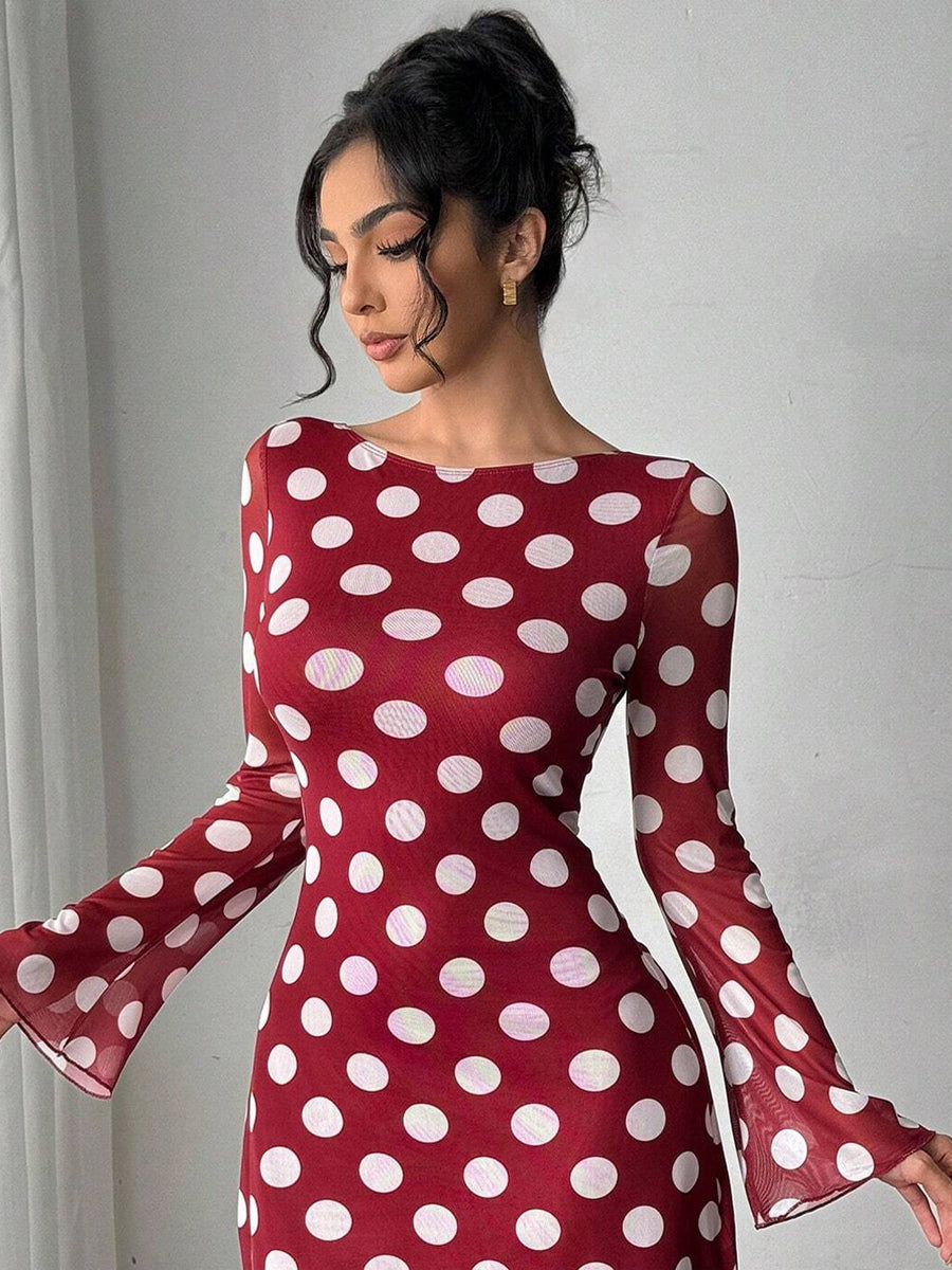 Polka Dot Long Sleeve Backless Slim Fit Mini Dress For Women 2026