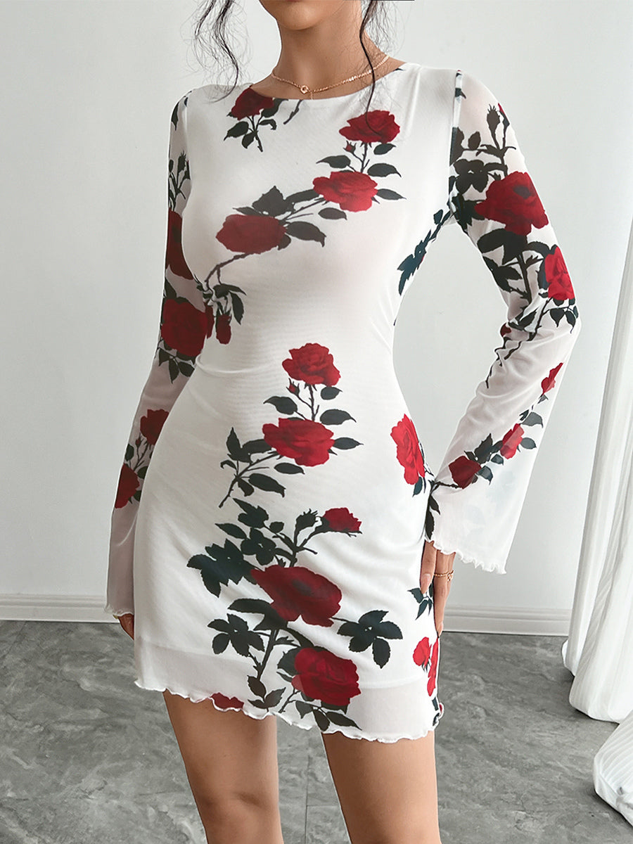 Backless Rose Print Mesh Flare Sleeve Bodycon Mini Dress For Women 2026