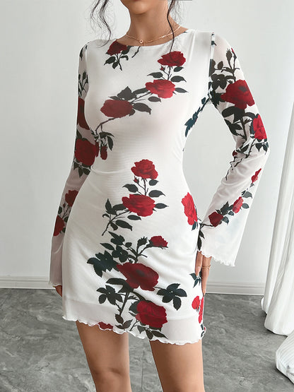 Backless Rose Print Mesh Flare Sleeve Bodycon Mini Dress For Women 2026